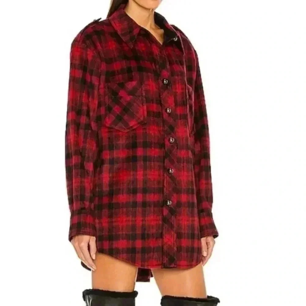 Dundas X Revolve London Oversized Shirt Shacket In Red And Black Plaid — image 3 of 8